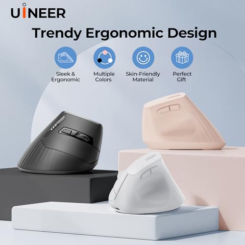 Uineer Vertical Ergonomic Mouse, Wireless Bluetooth Mouse, 3-Device,Quiet | Switch among 3 devices; side scroll wheel supports horizontal navigation for documents and spreadsheets. - color: Black