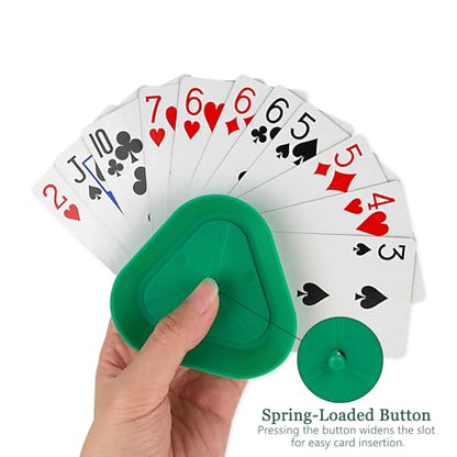 ZUFECY 4-Pack Triangular Card Holders, Small Lightweight ABS Holders for Kids and Seniors, 4 Colors with Push-Button Design for Poker Parties, School and Family Card Games