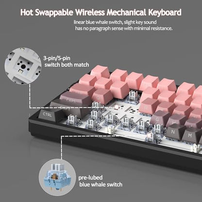 MageGee LIGHT87 Wireless Creamy Keyboard, Gasket Structure, RGB Backlit, 2.4G/USB-C/BT5.0 Hot Swappable Mechanical Gaming Keyboard for Win/Mac/PC, 8000mAh Battery, Side Printed PBT Keycaps, Pink - color: Pink Black/Blue Whale Switch