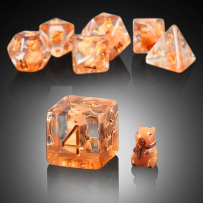 Capybara DND Dice Set with Cute Animal Inside - 7PCS Hand Made Polyhedral Resin Dice for Dungeons and Dragons RPG Games with Gold Numbers, Unique Collector Dice in Velvet Bag Gift for Gamers - color: Capybara