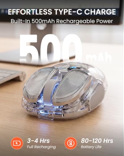 SEUNKWANG Q9 Transparent Wireless Mouse with RGB Lighting, Compact Multi-Device Bluetooth & 2.4G Computer Mouse, Rechargeable, Quiet Clicks, 4800 DPI Cute Mice for Laptop, PC, Mac, iPad - Silver - color: Silver