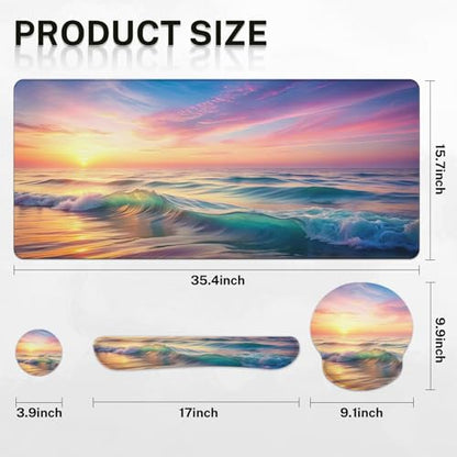 Britimes Sunset Beach Keyboard Mouse Pad Set 4in1 Large Mousepad+Keyboard Wrist Rest+Mouse Wrist Rest+Coaster Set with Ergonomic Design for Home Office Computer 35.4x15.7 inches - color: Sunset Beach