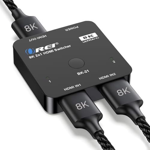 OREI 8K 2-Port HDMI 2.1 Switch, 8K@60Hz, 4K@120Hz, Auto and Manual Switch | hdmi switch 2 in 1 out, hdmi 2.1 switch 4k 120hz, 48Gbps, HDR10, Dolby Vision, PS5/Xbox, IR Remote - color: Jet Black