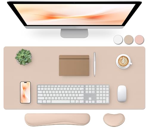 Bloss Leather Desk Pad and Keyboard Wrist Rest, Large Mouse Pad + Keyboard Pad+Mouse Wrist Support, Non-Slip Desk Mat Protector for Office, Home (35.4×15.7 Inches,Beige) - color: Beige-wrist Rest, size: 35.4" x 15.7"