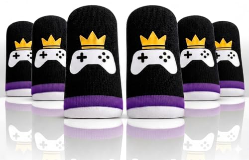 King of The Game - Improved Materials Gaming Finger Sleeves (6 Pack) for Touch Screens and Controllers. Skin-Protective, Ultra-Sensitive, Sweat-Resistant, Breathable and Stretchable. (Purple) - color: Purple