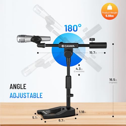 CAHAYA Mic Stand Desk Adjustable - Boom Arm Desktop Microphone Stand Metal Weighted Base A-frame Table Mic Mount with 2 Mic Clips 3/8" to 5/8" Screw Adapter Mic Mount for Singing Stage Performance