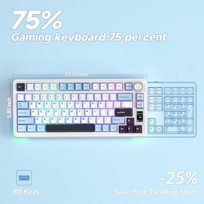 AULA S75 PRO Wireless Mechanical Keyboard with Screen&Knob, 75% Hot Swappable Gaming Keyboard with Pre-lubed Switches, RGB Backlit, PBT Keycaps Creamy Sounding Pc Gaming Keyboards - color: White&Blue