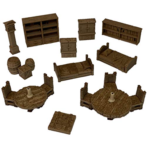 Miniature Furniture Starter Bundle for Tabletop Role Playing Games, 28mm Scale, Ready to Use Terrain Set for D&D