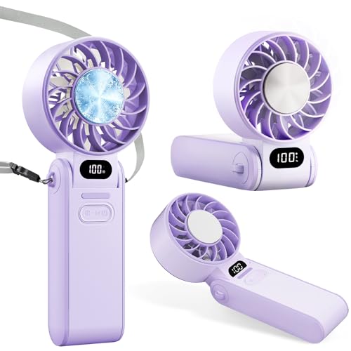 Portable Handheld Turbo Fan With Ice Cooling, 3-IN-1 Rechargeable Mini Personal Handheld Fans 180° Adjustable, 5 Speed Wind, Digital Display for Travel, Outdoor Games, Working (Purple) - color: Purple