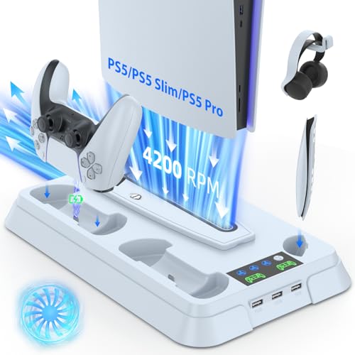 Lictin Cooling Station and Console Stand for PS5/Pro/Slim, Controller Charging Station for PlayStation 5 Console, PS 5 Stand with Controller Charger for Disc & Digital, PS5 Holder with Cooling Fan