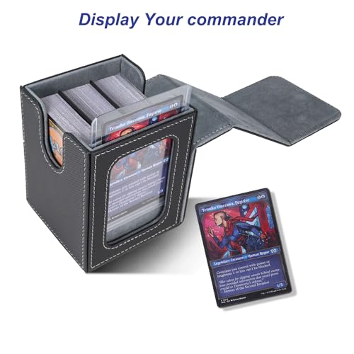 AFIING MTG Deck Box for Commander Display,Card Deck Box Fits 100 Double Sleeved Cards, Magic Commander TCG Card Storage Box with 2 Dividers,Drawstring Bag and 1 Toploader(Black/grey) - color: Commander Black Grey
