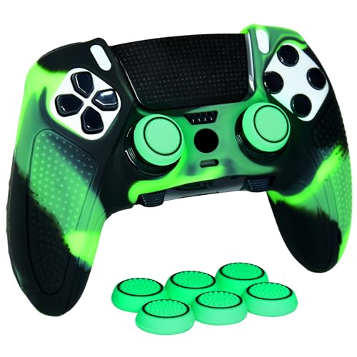 Green Black Anti-Slip Controller Skin,Studded Edition Protective Silicone Cover Skin Grips Compatible with PS5 Edge Controller and 6 PCS Thumb Grips Caps. - color: Green Black