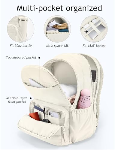 Uselike Travel Backpack for Women, 15.6 Inch Laptop Backpack, Quilted College Bookbag, Cute Work Backpacks, Water Resistant (Beige) - color: Beige