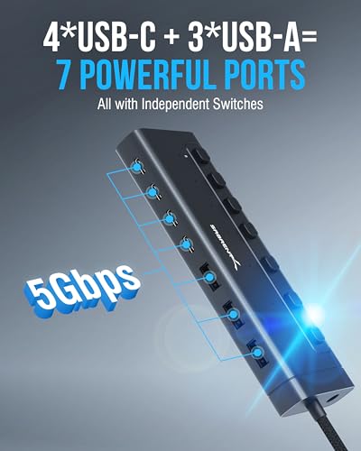 SABRENT 7-Port USB-C Hub, 48W Powered, 5Gbps, 3 USB-A + 4 USB-C (HB-3A4C) | 20W PD; LED status; aluminum body; power switches; for Mac, PC, Steam Deck, ROG Ally - size: 7-Port - 3 USB-A + 4 USB-C