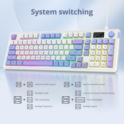 Owpkeenthy 96% Membrane Keyboard Wireless, 100% Quiet Mechanical Feeling Gaming Keyboard Gasket RGB Keyboard with Knob & Number Pad Triple Mode Bluetooth 5.0/2.4G/Wired for Laptop Desktop(98 Blue) - color: 98 Blue