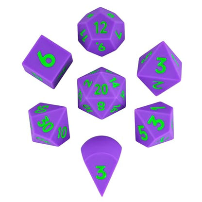 7-Piece Jumbo Silicone DND Dice Set, 25mm Oversized D&D Dice | Round Edges Soft Perfect Bouncer Compatible with Dungeons and Dragons RPG Bar Pub Club Party Games - color: Purple W/Green Numbers