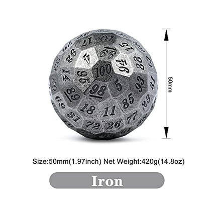 DNDND Iron D100 Metal Dice Set Single 50mm 100 Sided Die with Metal Case and Velvet Pouch for Table Game Dungeons and Dragons (Iron with Black Number) - color: Iron With Black Number