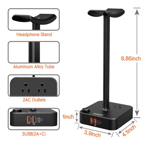 COZOO Headphone Stand with USB Charger Desktop Gaming Headset Holder Hanger with 3 USB Charging Station and 2 Outlets Power Strip,Suitable for Gaming, DJ,Wireless Earphone Display, Gamer Gifts for Men | Gaming Headset Stand Holder for Desk, 3 USB(1 USB C)