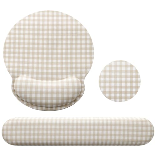 Tellegloww Wrist Rest Support for Mouse Pad&Keyboard Set, Khaki Gingham Checkered Circle Curved Ergonomic Mousepad&Coaster Non-Slip Base Design for Office Home Laptop Desktop Computer Keyboard - color: Khaki