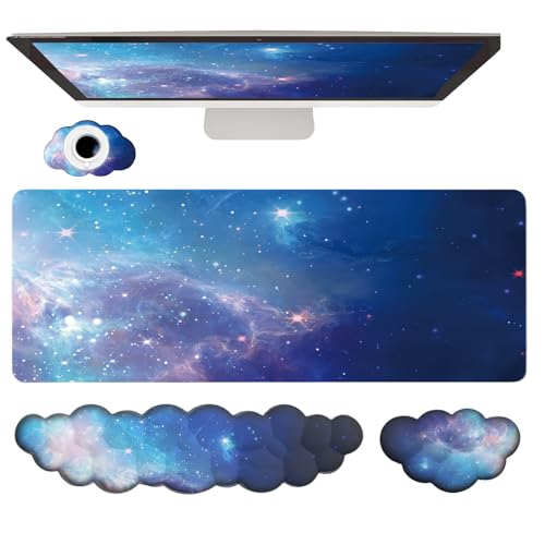 Cloud Wrist Rest Keyboard Galaxy Mouse Pad Set Gradient Blue Large Desk Mat Ergonomic Space Wrist Pad Memory Foam Non-Slip Stars Wrist Support for Computer Laptop Gaming Home Office Relief Typing Pain - color: 4pcs Blue Galaxy