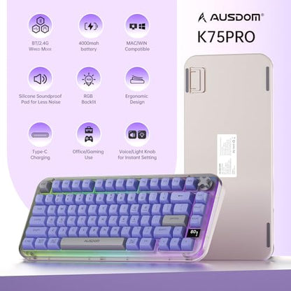 AUSDOM K75pro Wireless Gaming Creamy Keyboard, Tri-Mode BT/2.4G/USB-C Computer Keyboard, RGB Backlit Media Knob Creamy Keyboard, Purple - color: Purple