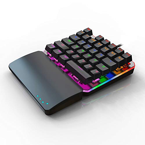One Handed Mechanical Gaming Keyboard, RGB LED Backlit Half Keyboard Multimedia Function Key Portable Mini Single Gamer Keypad with Wrist Rest for PC/Laptop