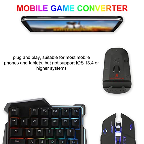 Half Hand Gaming Keyboard and Mouse Combo Laelr 35 Keys PUBG Wired Mechanical RGB Backlit Keyboard with Wrist Rest Wired Gaming Mouse Converter for Android iOS Phone Game Not Support iOS 13.4 & Above