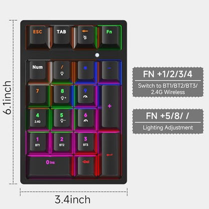 Wireless Numeric Keyboard | Mechanical Number Pad with RGB LED Backlit Wireless 2.4G/Bluetooth 5.0/Wired USB-C Rechargeable Numeric Keypad for Win/Mac - color: Black