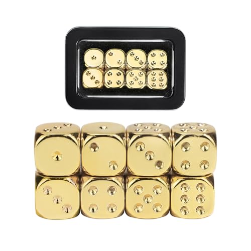 SIXPOINTS 8 Pieces 16mm Shiny Golden Electroplated Dice Set with Metal Box,Round Corner Standard D6 Board Game Dice Compatible with RPG MTG DND Table Games,Yahtzee, Bunco or Teaching Math - color: Gold