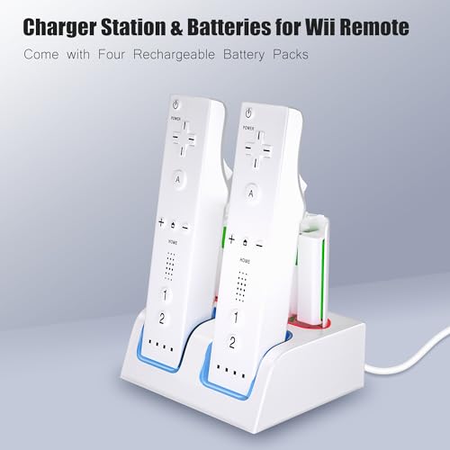Wii Controller Charger and Rechargeable Battery - 4 Pack 2800mAh Wii Remote Battery Pack Rechargeable and Charging Station with USB Cable