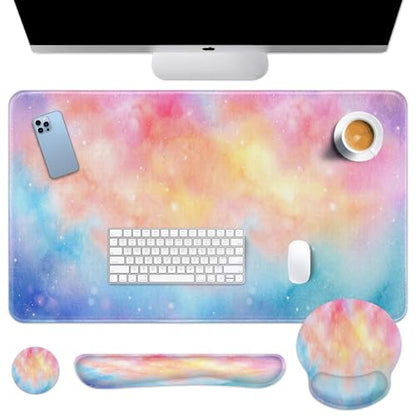 Arttown Keyboard Mouse Pad Set, 4 in 1 Desk Mat Set Iridescent Cloud | Starry Colorful Cute Large Mousepad+Keyboard Wrist Rest+Mouse Wrist Rest+Coaster Ergonomic Design for Home Office Computer - color: Iridescent Cloud