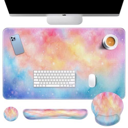 Arttown Keyboard Mouse Pad Set, 4 in 1 Desk Mat Set Iridescent Cloud | Starry Colorful Cute Large Mousepad+Keyboard Wrist Rest+Mouse Wrist Rest+Coaster Ergonomic Design for Home Office Computer - color: Iridescent Cloud