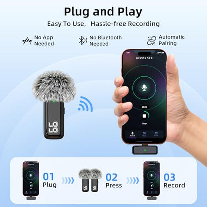 Wireless Microphone for iPhone Android Phone, USB C Mini Clip on Mic | Noise Canceling, 24H Battery Life with Charging Case, 70Ft Range, Lavalier Mic for Content Creators Video Recording Vlogging