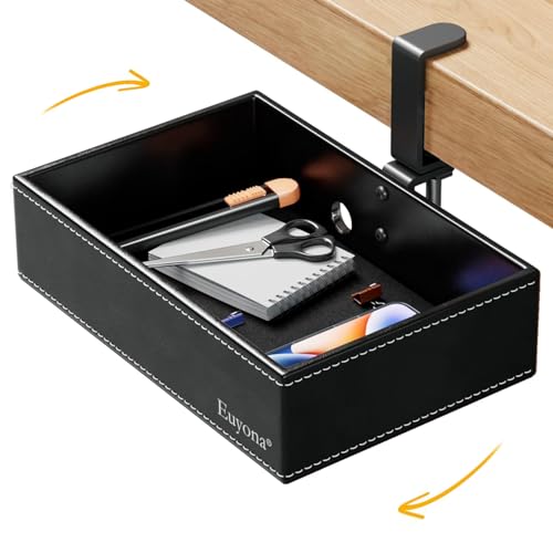 PU Leather Under Desk Organizer with 360° Rotating Clamp – for Computer Accessories, Stationery, Remote Control & Phone Storage, Black - color: Black