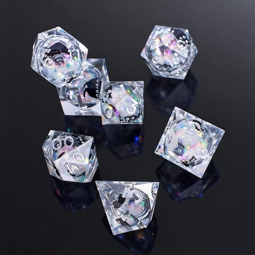 Liquid Core Dice,Cat DND Dice Set with Box,7Pcs Resin Dungeons Dragons D and D Dice, Sharp Edge Role Playing Game Dice D20 D12 D10 D8 D6 D4. (Rainbow White) - color: Rainbow White