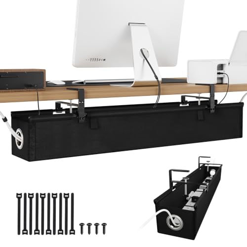 KEEGH Under Desk Cable Management Tray 36", No Drill Cord Organizer, Black | Heavy Duty, Large Capacity, 3-Level Clamp Fit 0"-2.5" Desks, Clamp/Screw Mount, for Home, Office, Gaming, Room, Studio - color: Black