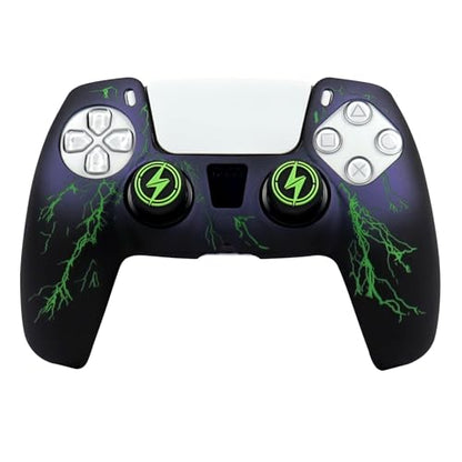 RALAN Lightning Controller Skin Silicone for PS5, Non-Slip Grip Cover Protector Compatible with PlayStation 5 Controllers with 2 Thumb Grip Caps - color: Black Green lightning