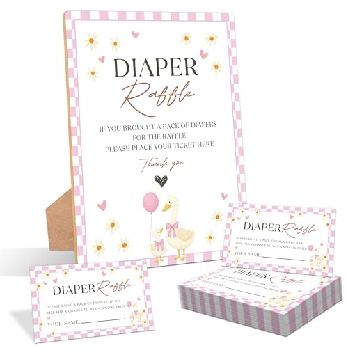 Goose Baby Shower Diaper Raffle, Pack of 1 Wooden Tabletop Sign with Stand and 50 Diaper Raffle Tickets, Pink Goose Baby Shower Game, Gender Reveal Party Decorations - FS10 - color: Diaper Raffle-Pink, size: Pink 5" x 7"