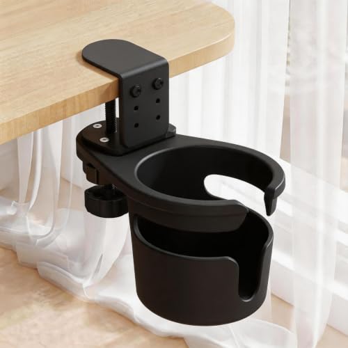 No Drill Desk Cup Holder Clamp, 360° Rotating Anti-Spill Table Cup Holder, Adjustable Clip on Cup Holder for Gaming Desk, Gamer Gift, Drink Holder for Coffee Cup, Office Accessories