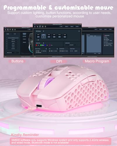 SOLAKAKA SM600 Pink Wireless Gaming Mouse with Honeycomb Shell, Side Buttons,Tri-Modes(BT5.1+BT5.1+2.4GHz) Lightweight RGB Wireless Mouse for PC/Tablet/Desktop/Office/Games - color: pink