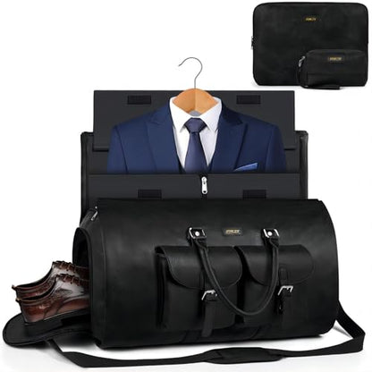 Garment Bag for Travel Convertible Carry on Travel Duffel Bag for Men Women | 3PCS Large Weekender Bag with Waterproof Shoes Pouch 2 in 1 Hanging Clothes Suit Dress Bag Travel Garment Duffel Bag 56L - color: A3-Black-Faux Leather