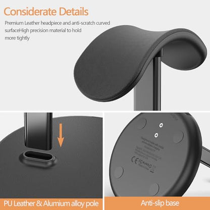 Headphone Stand with Wireless Charger, Gaming Headset Holder Hanger Rack 2 IN 1 Wireless Charging Station Dock for iPhone 15/14/13/12/11 Series, Samsung, AirPods Pro/3/2 and Desk All Headphones, Black - color: A-Black