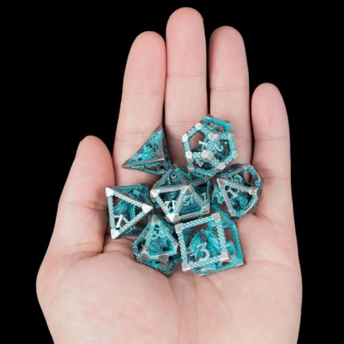 Hollow Metal DND Dice Set, 7-Piece Polyhedral RPG Gaming Dice with 3D Dragon Design, Cyan, for Dungeons and Dragons, Pathfinder, MTG - color: 3d Dragon Cyan