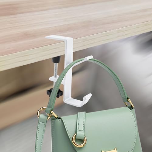 Desk Mount Bag Holder Hook Clamp-On Backpack Hanger Portable Desk Mount Headphones Holder Reduce Desk Clutter for Table Desk, Under Counter (White) - color: White