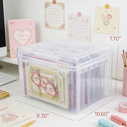 Greeting Card Storage & Organizer Box with 6 Removable Dividers for Holiday Birthday Get Well Cards Photos, Crafts, Scrapbooking(Clear)