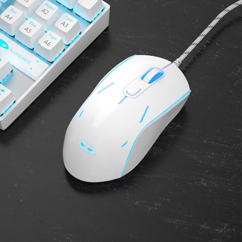 Wired Gaming Mouse, Ergonomic USB Optical Mouse with 7 Colors Breathing LED Backlit, 6 Adjustable Speed Levels from 600 to 3200 for Laptop PC - color: White