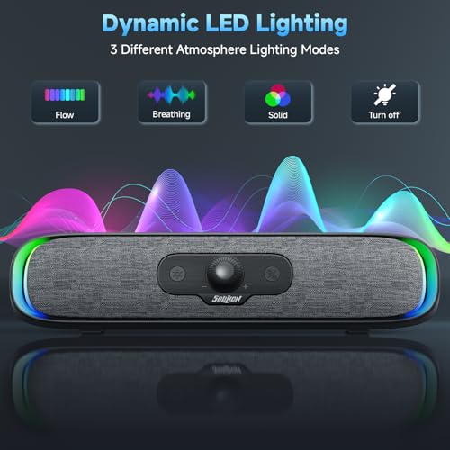 SOULION Computer Speakers, Wired USB Powered Bluetooth Sound bar for PC | USB Powered, Plug-N-Play, Rotary Control, 4 Dynamic Light Modes for Desktop Laptop Monitor Office Work Music