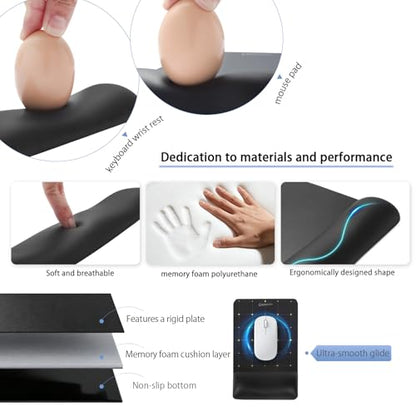 Wide Size Mouse Pad with Wrist Rest & L-Size Keyboard Wrist Rest Set,Premium PU Material,Low-Rebound Cushion,Ergonomic Design,Smooth Mouse Control with Hard Plate,Reduces Fatigue,Black - color: Wide Set_black, style: Wide Size Mouse Pad & L-Size Keyboard