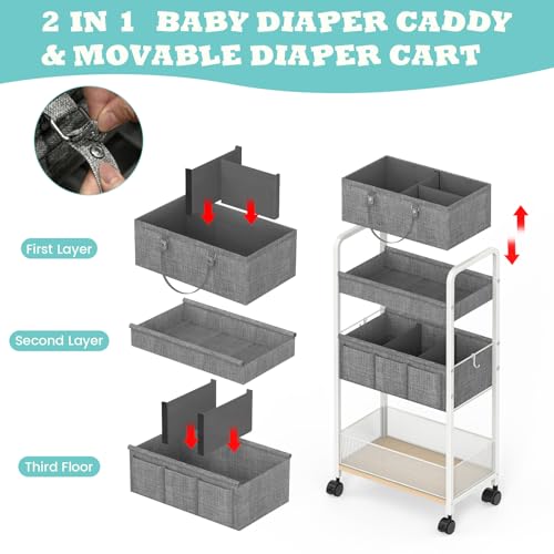 2In1 Baby Diaper Caddy & 3-Tier Rolling Diaper Cart, Diaper Caddy Organizer Cart with Dividers, Metal Detachable Bedside Cart for Baby Nursery Essentials, Large Capacity, Easy to Assemble, White - color: White