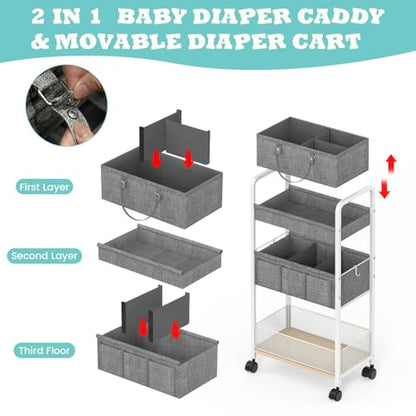 2In1 Baby Diaper Caddy & 3-Tier Rolling Diaper Cart, Diaper Caddy Organizer Cart with Dividers, Metal Detachable Bedside Cart for Baby Nursery Essentials, Large Capacity, Easy to Assemble, White - color: White